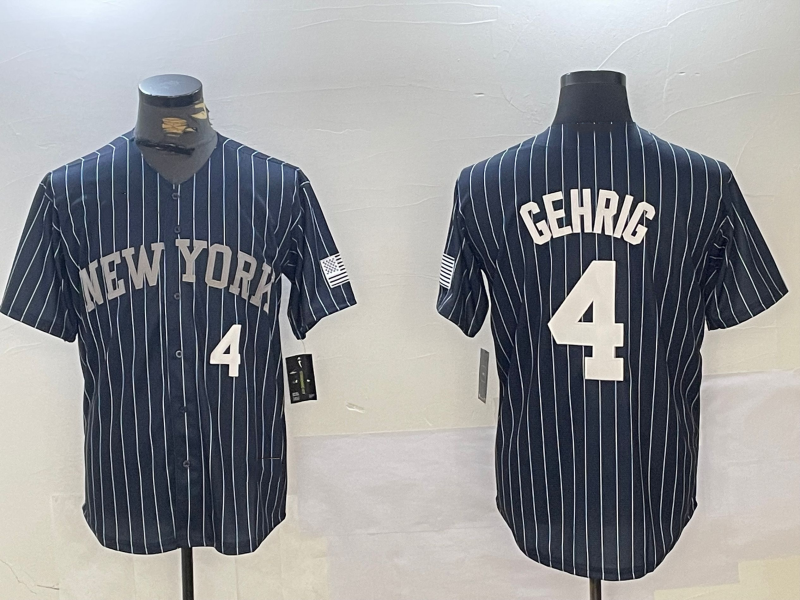 New York Yankees #4 Lou Gehrig Navy Pinstripe Fashion Cool Base Baseball Jersey - Main View