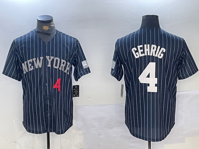 New York Yankees #4 Lou Gehrig Navy Pinstripe Fashion Cool Base Baseball Jersey - Main View