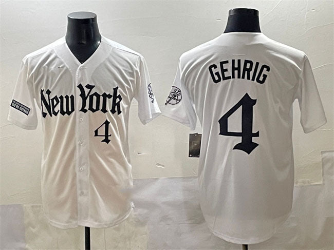New York Yankees #4 Lou Gehrig White 'Gothic Legacy Edition' Vapor Premier Limited Stitched Baseball Jersey - Main View