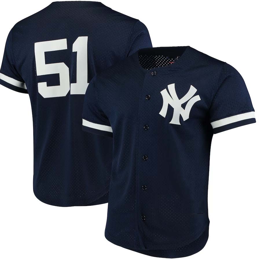 New York Yankees #51 Bernie Williams Mitchell & Ness Cooperstown Collection Mesh Batting Practice Button-Up Jersey - Navy Stitches Baseball Jerseys - Main View