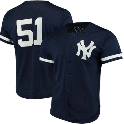 New York Yankees #51 Bernie Williams Mitchell & Ness Cooperstown Collection Mesh Batting Practice Button-Up Jersey - Navy Stitches Baseball Jerseys - Main View