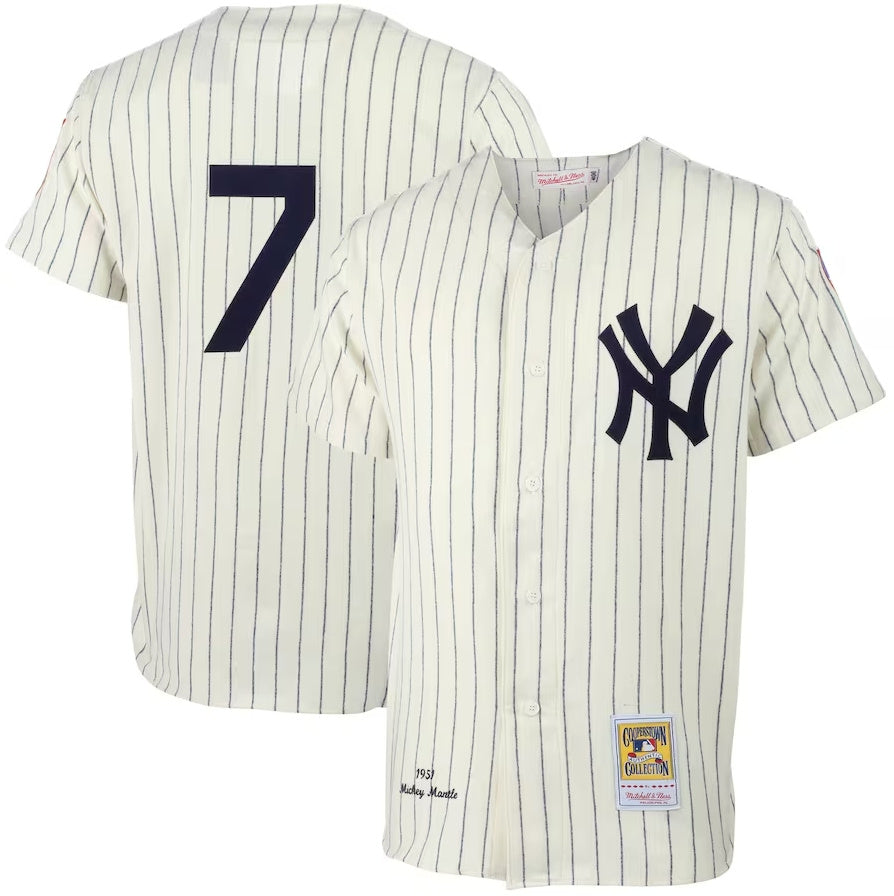 New York Yankees #7 Mickey Mantle Mitchell & Ness 1951 Cooperstown Collection Authentic Jersey - Cream. Stitches Baseball Jerseys - Main View