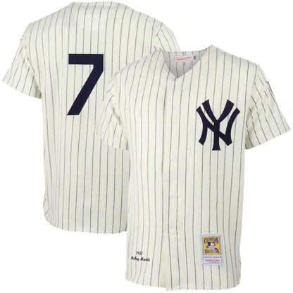 New York Yankees #7 Mickey Mantle Mitchell & Ness 1951 Cooperstown Collection Authentic Jersey - Cream. Stitches Baseball Jerseys - Main View
