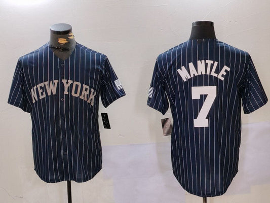 New York Yankees #7 Mickey Mantle Navy Pinstripe Fashion Cool Base Baseball Jersey - Main View