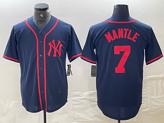 New York Yankees #7 Mickey Mantle Navy Red Fashion Cool Base Baseball Jersey - Main View