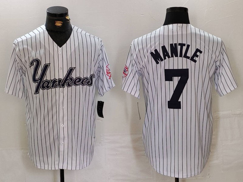 New York Yankees #7 Mickey Mantle White Pinstripe Fashion Cool Base Baseball Jerseys - Main View