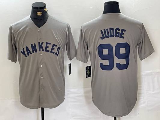 New York Yankees #99 Aaron Judge Name Grey Stitched Throwback Baseball Jersey - Main View