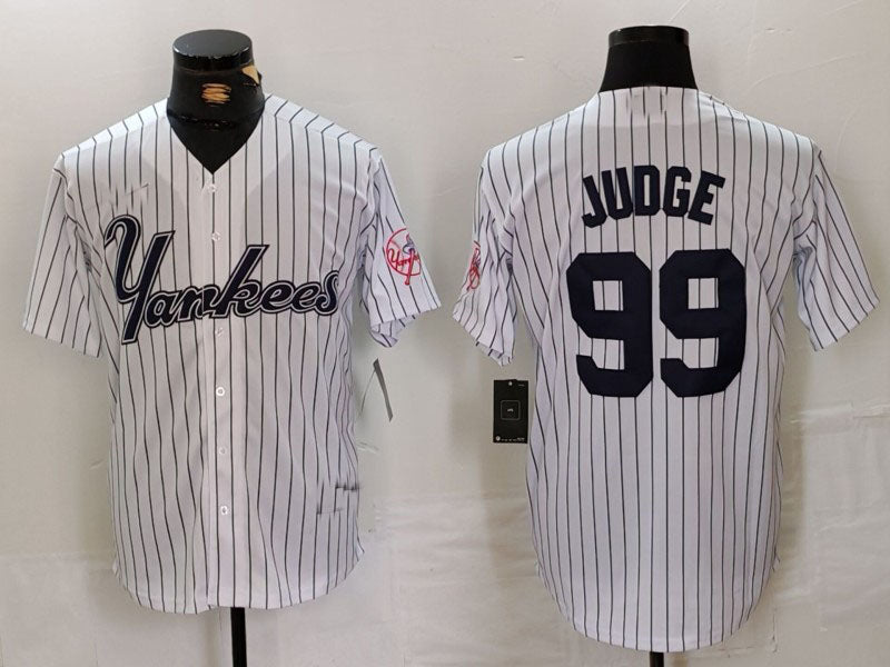 New York Yankees #99 Aaron Judge White Pinstripe Fashion Cool Base Baseball Jerseys - Main View
