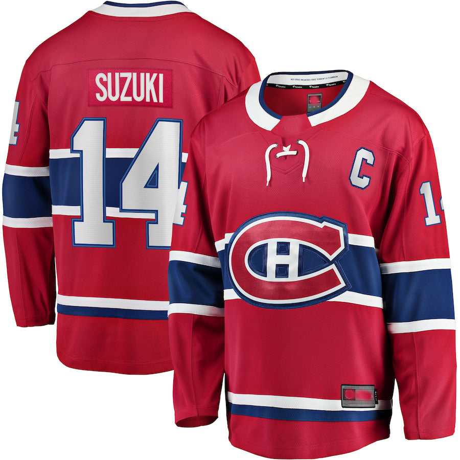 M.Canadiens #14 Nick Suzuki Fanatics Branded Home Captain Patch Breakaway Player Jersey  Red Stitched American Hockey Jerseys - Main View