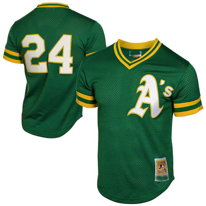 Oakland Athletics #24 Rickey Henderson Mitchell & Ness Green 1991 Cooperstown Mesh Batting Practice Jersey Baseball Jerseys - Main View