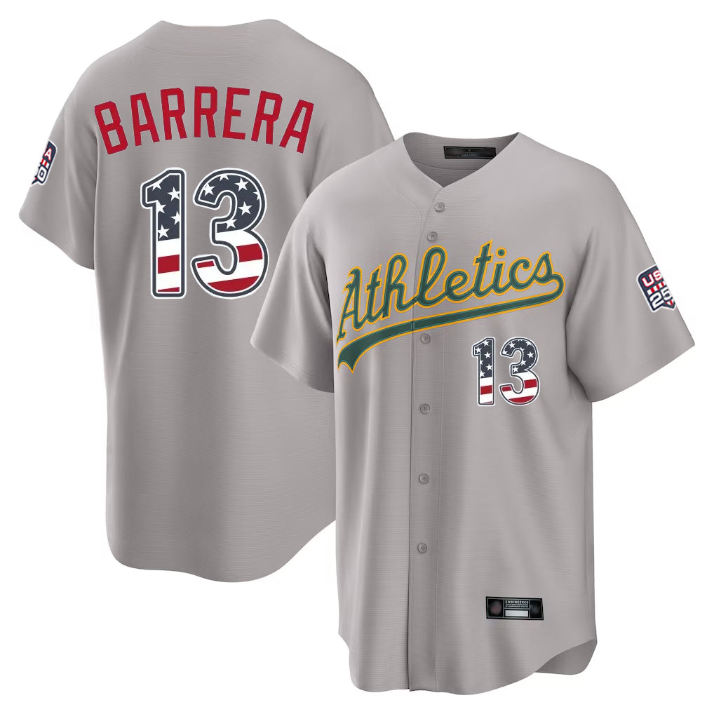 Oakland Athletics #13 Luis Barrera Player Gray USA 250 Fourth of July Home Game Stitched Baseball Jersey - Main View