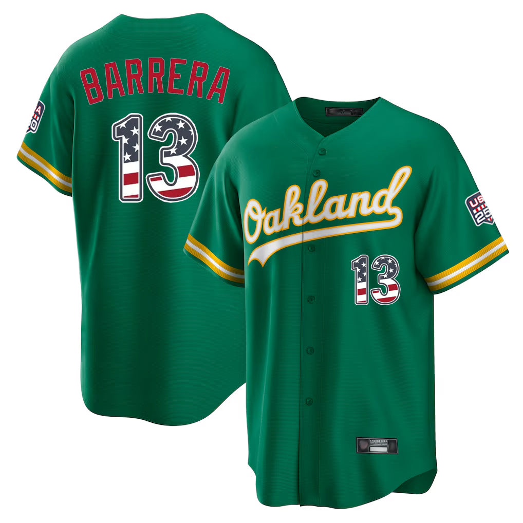 Oakland Athletics #13 Luis Barrera Player Kelly Green USA 250 Fourth of July Home Game Stitched Baseball Jersey - Main View