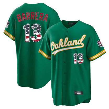 Oakland Athletics #13 Luis Barrera Player Kelly Green USA 250 Fourth of July Home Game Stitched Baseball Jersey - Main View