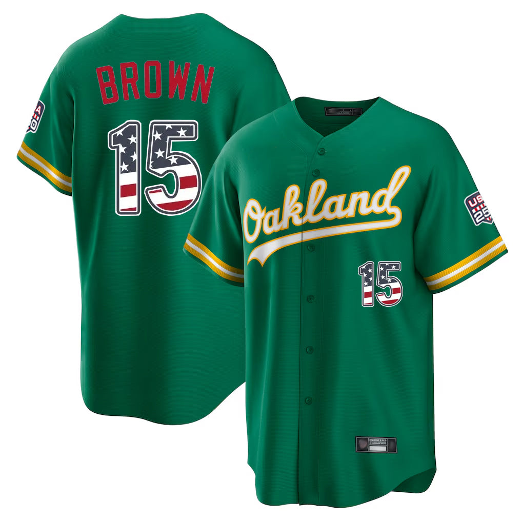 Oakland Athletics #15 Seth Brown Player Kelly Green USA 250 Fourth of July Home Game Stitched Baseball Jersey - Main View