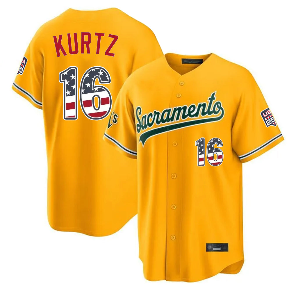 Oakland Athletics #16 Nick Kurtz Player Gold USA 250 Fourth of July Home Game Stitched Baseball Jersey - Main View