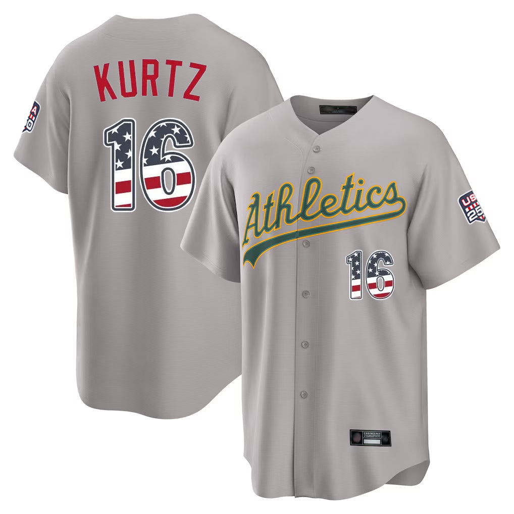 Oakland Athletics #16 Nick Kurtz Player Gray USA 250 Fourth of July Home Game Stitched Baseball Jersey - Main View