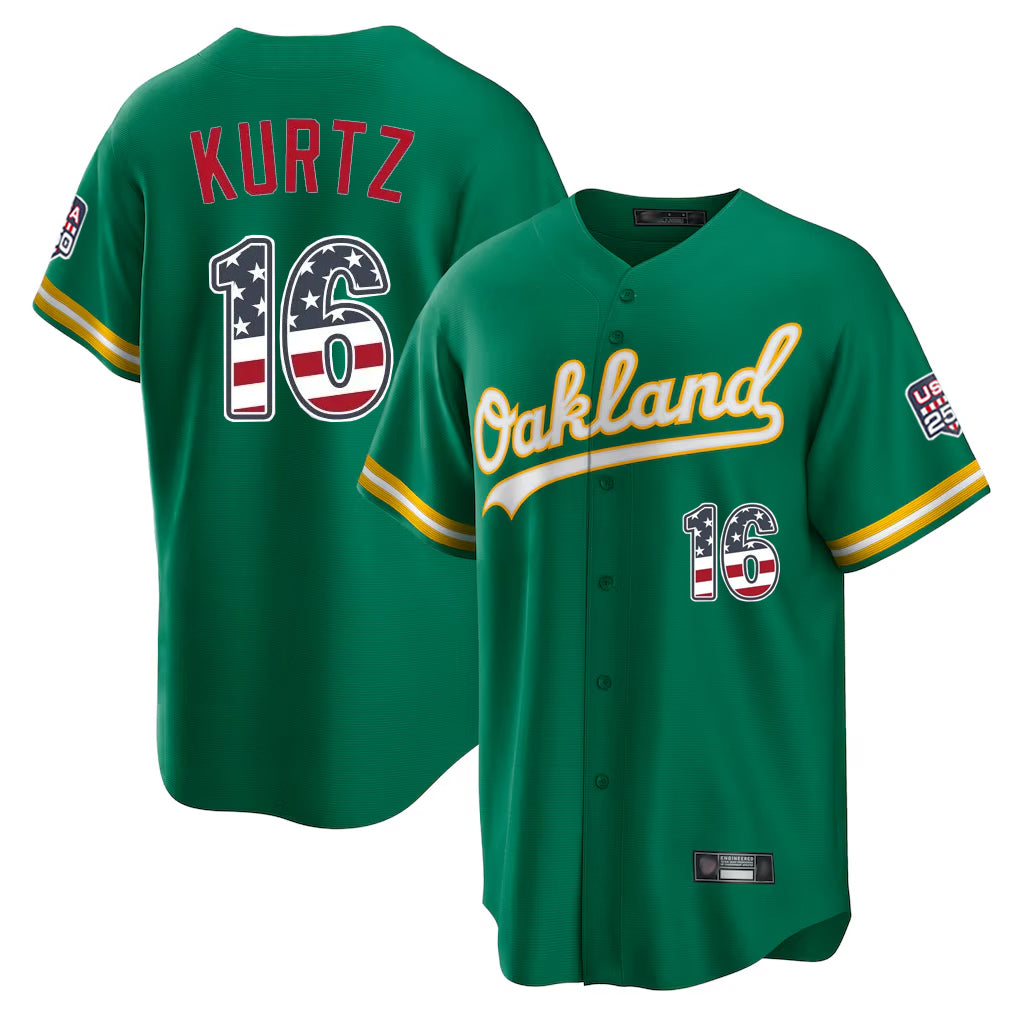 Oakland Athletics #16 Nick Kurtz Player Kelly Green USA 250 Fourth of July Home Game Stitched Baseball Jersey - Main View