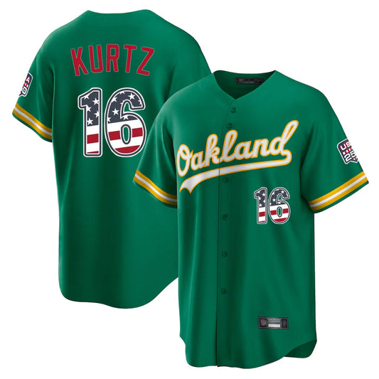 Oakland Athletics #16 Nick Kurtz Player Kelly Green USA 250 Fourth of July Home Game Stitched Baseball Jersey - Main View
