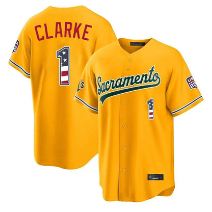Oakland Athletics #1 Denzel Clarke Player Gold USA 250 Fourth of July Home Game Stitched Baseball Jersey - Main View
