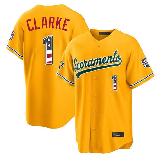 Oakland Athletics #1 Denzel Clarke Player Gold USA 250 Fourth of July Home Game Stitched Baseball Jersey - Main View