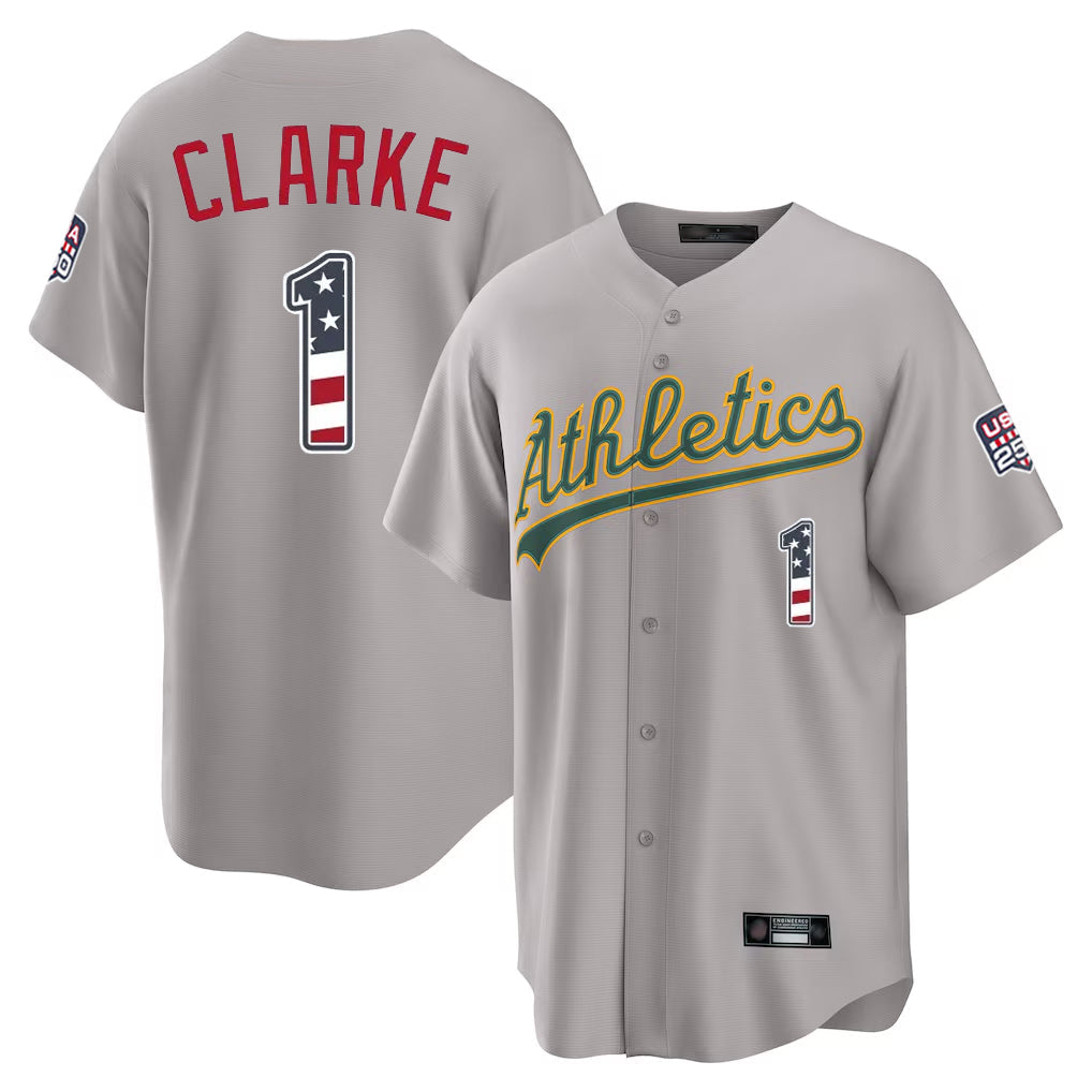 Oakland Athletics #1 Denzel Clarke Player Gray USA 250 Fourth of July Home Game Stitched Baseball Jersey - Main View