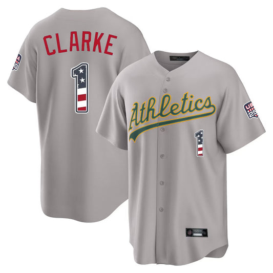 Oakland Athletics #1 Denzel Clarke Player Gray USA 250 Fourth of July Home Game Stitched Baseball Jersey - Main View