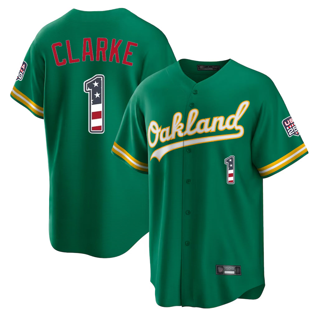 Oakland Athletics #1 Denzel Clarke Player Kelly Green USA 250 Fourth of July Home Game Stitched Baseball Jersey - Main View