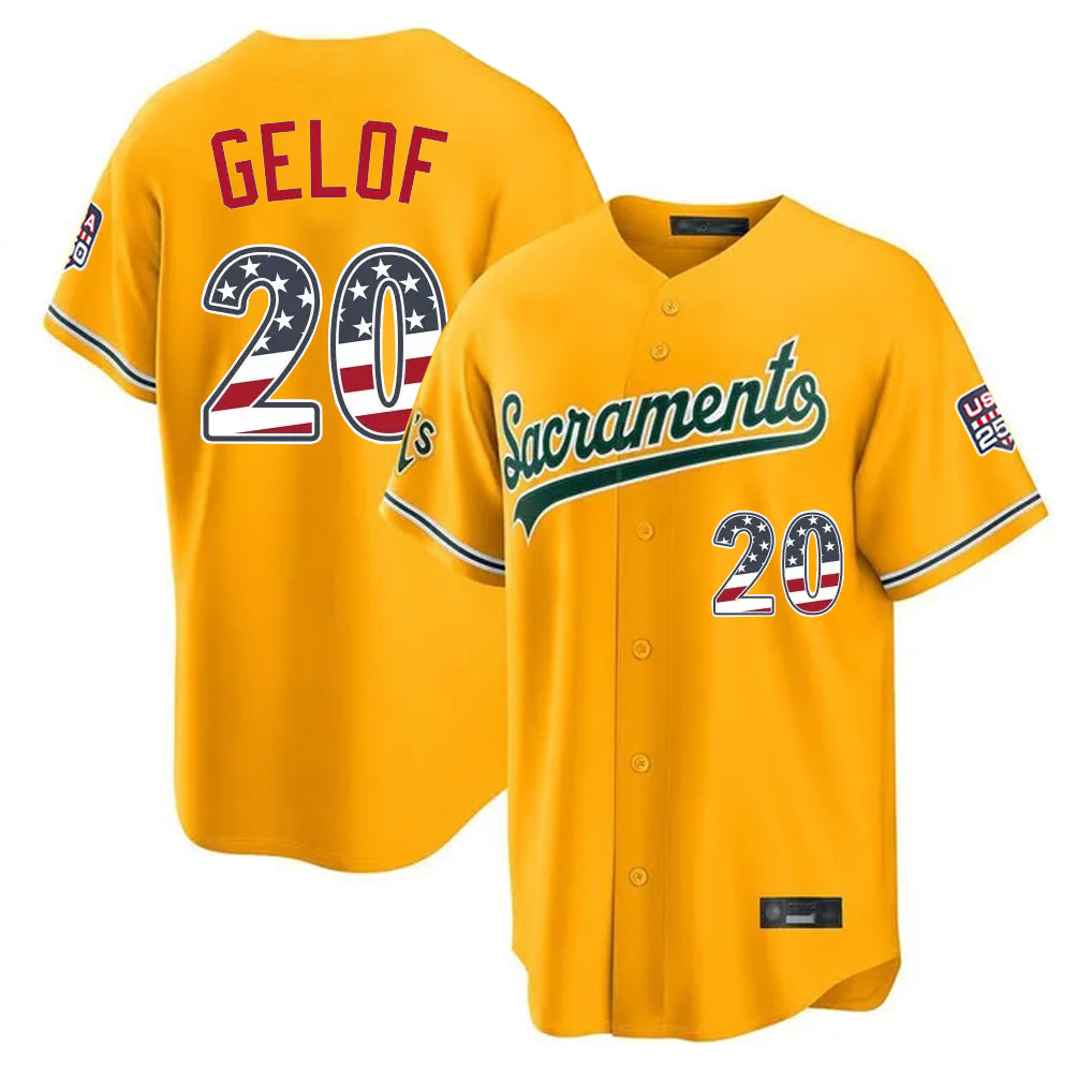 Oakland Athletics #20 Zack Gelof Player Gold USA 250 Fourth of July Home Game Stitched Baseball Jersey - Main View