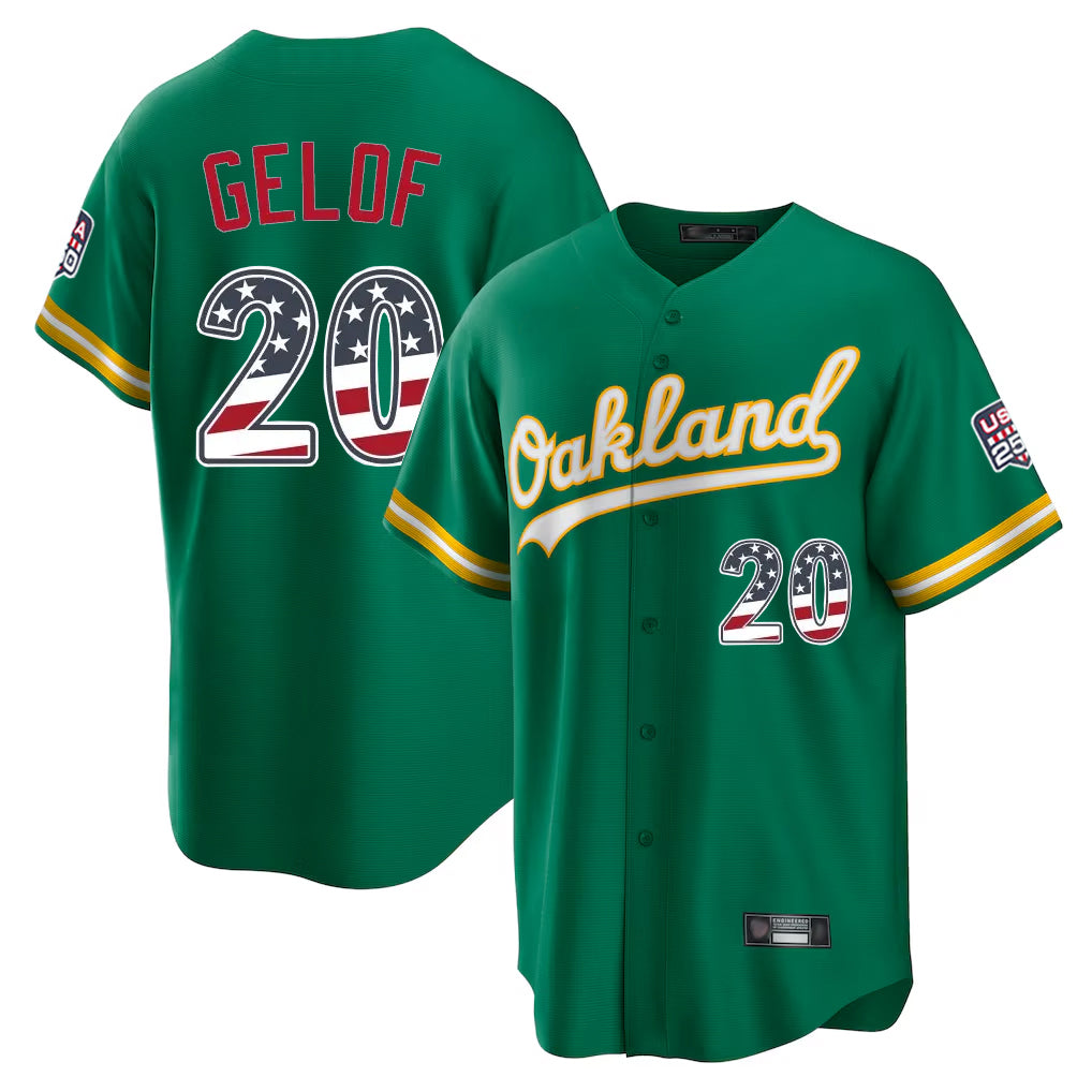 Oakland Athletics #20 Zack Gelof Player Kelly Green USA 250 Fourth of July Home Game Stitched Baseball Jersey - Main View