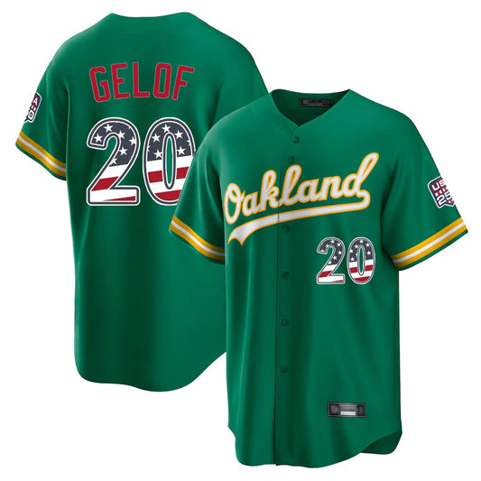 Oakland Athletics #20 Zack Gelof Player Kelly Green USA 250 Fourth of July Home Game Stitched Baseball Jersey - Main View
