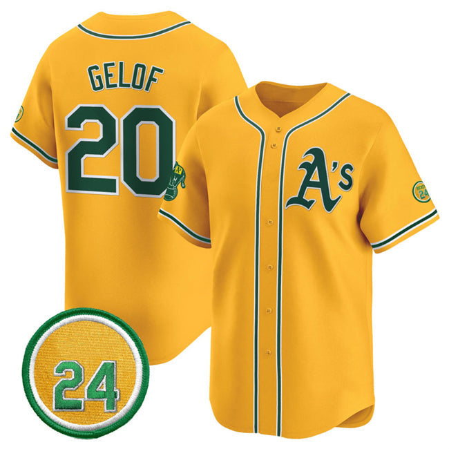 Oakland Athletics #20 Zack Gelof Yellow 2024 Limited With Rickey Henderson Patch Stitched Baseball Jersey - Main View
