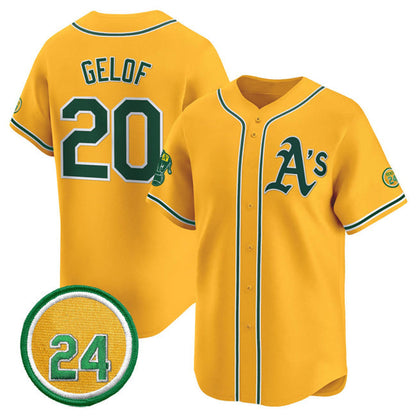 Oakland Athletics #20 Zack Gelof Yellow 2024 Limited With Rickey Henderson Patch Stitched Baseball Jersey - Main View
