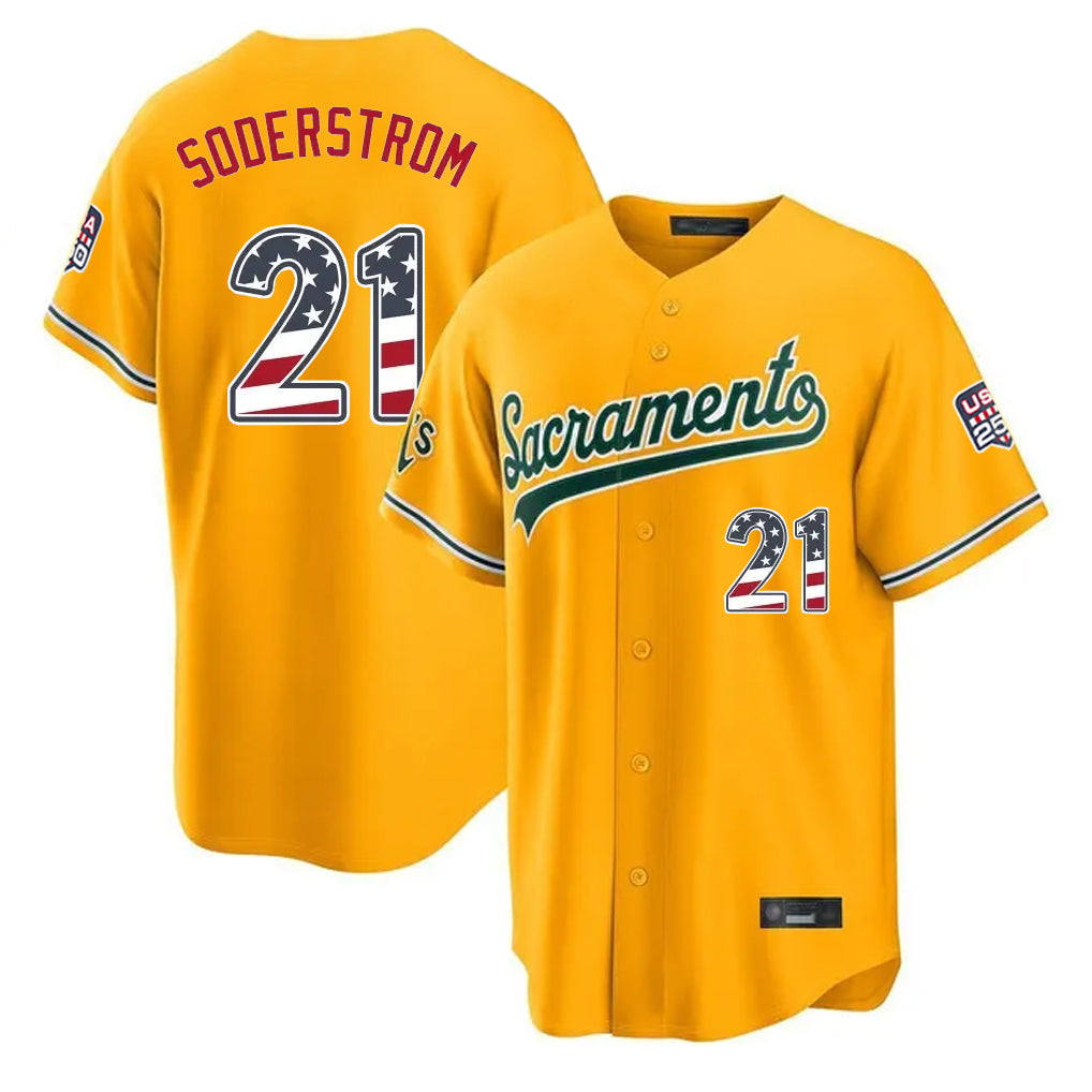 Oakland Athletics #21 Tyler Soderstrom Player Gold USA 250 Fourth of July Home Game Stitched Baseball Jersey - Main View
