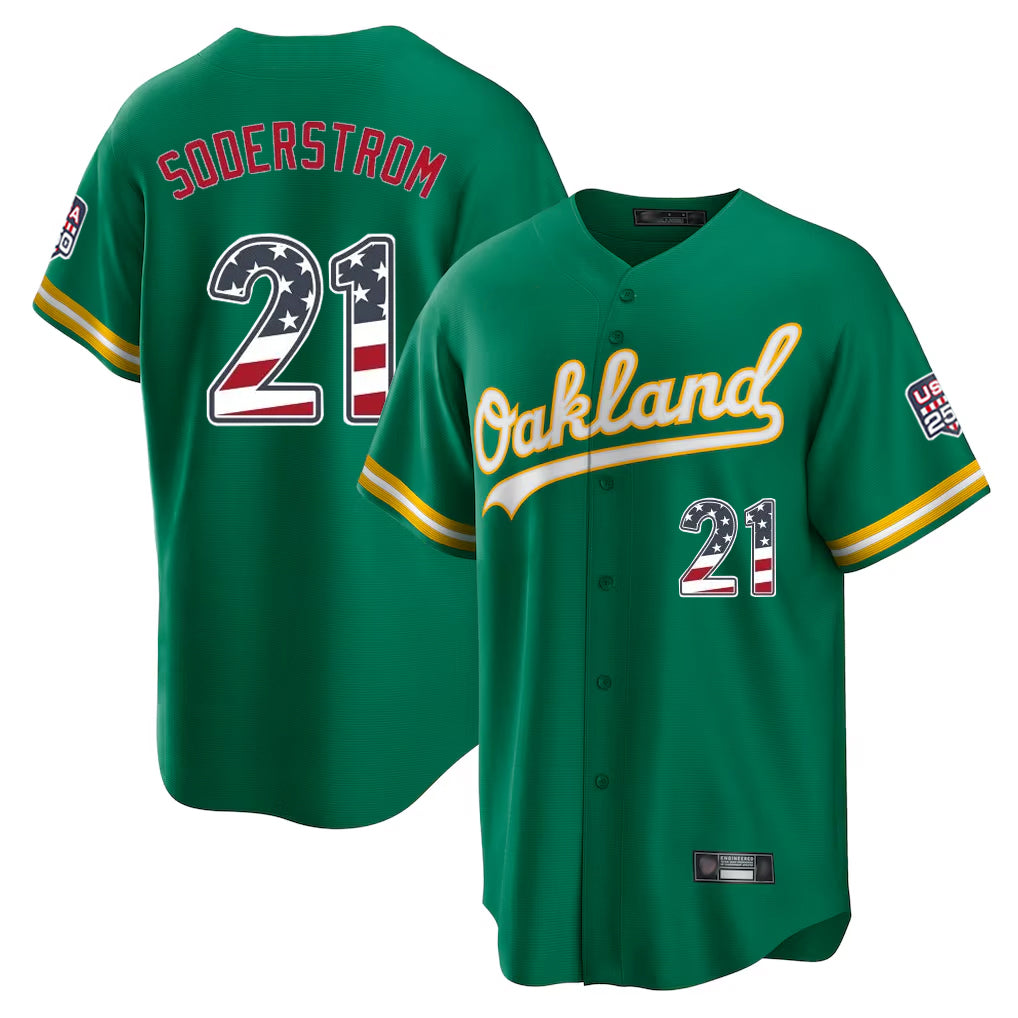 Oakland Athletics #21 Tyler Soderstrom Player Kelly Green USA 250 Fourth of July Home Game Stitched Baseball Jersey - Main View
