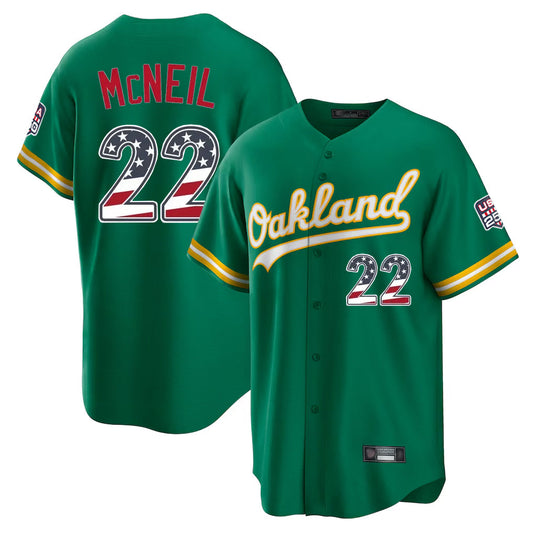 Oakland Athletics #22 Jeff McNeil Player Kelly Green USA 250 Fourth of July Home Game Stitched Baseball Jersey - Main View