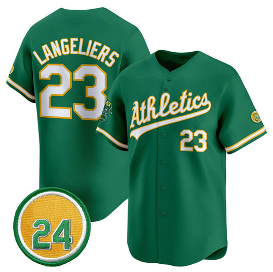 Oakland Athletics #23 Shea Langeliers Green 2024 Limited With Rickey Henderson Patch Stitched Baseball Jersey - Main View