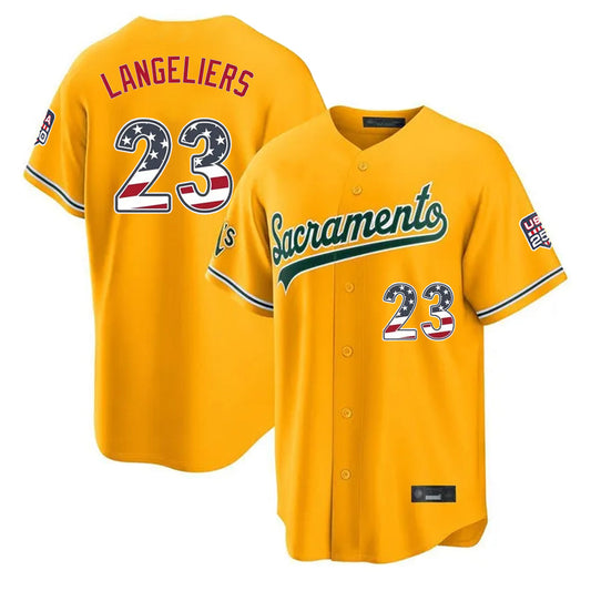 Oakland Athletics #23 Shea Langeliers Player Gold USA 250 Fourth of July Home Game Stitched Baseball Jersey - Main View