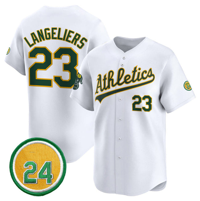 Oakland Athletics #23 Shea Langeliers White 2024 Home Limited With Rickey Henderson Patch Stitched Baseball Jersey - Main View