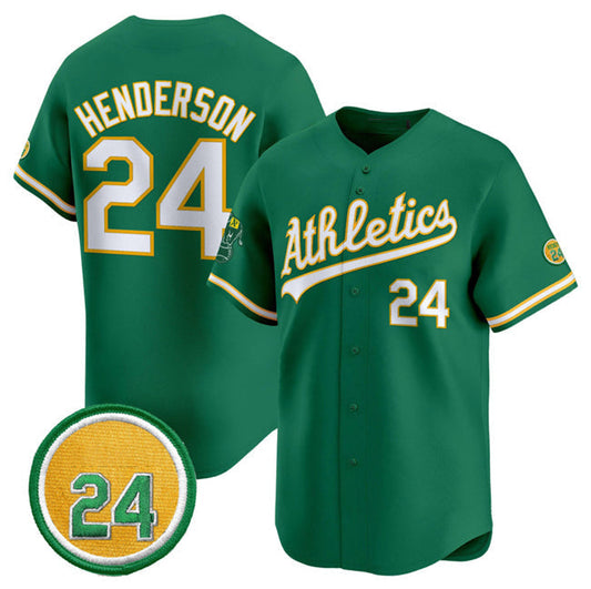 Oakland Athletics #24 Rickey Henderson Green 2024 Limited With Rickey Henderson Patch Stitched Baseball Jersey - Main View