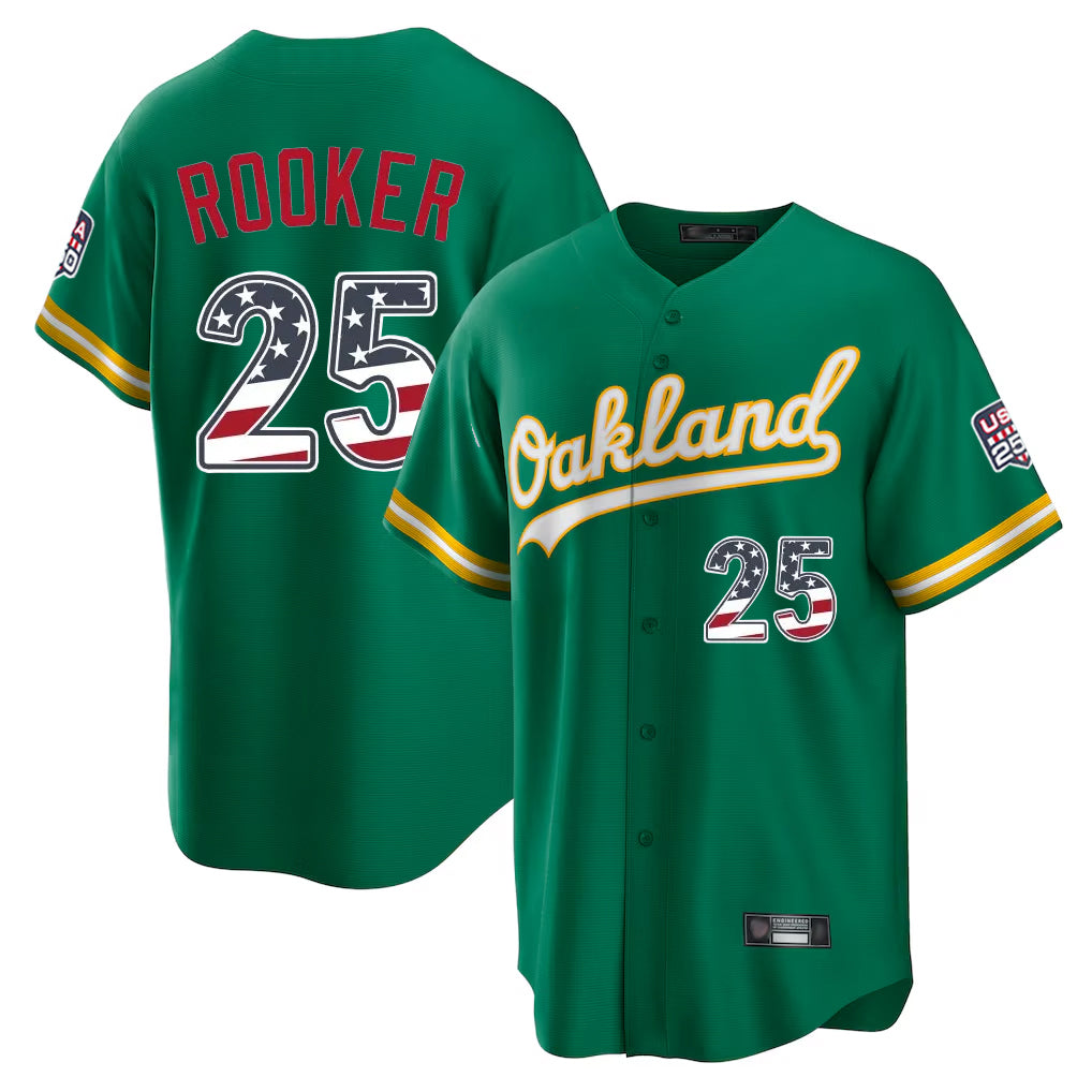 Oakland Athletics #25 Brent Rooker Player Kelly Green USA 250 Fourth of July Home Game Stitched Baseball Jersey - Main View