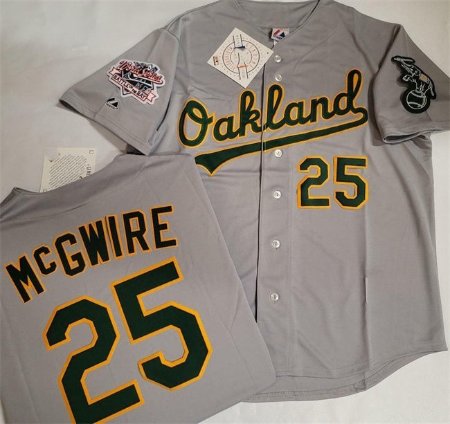 Oakland Athletics #25 Mark McGwire Grey With Green Elephant & 1989 World Series Patch Battle of the Bay Stitched Baseball Jersey - Main View