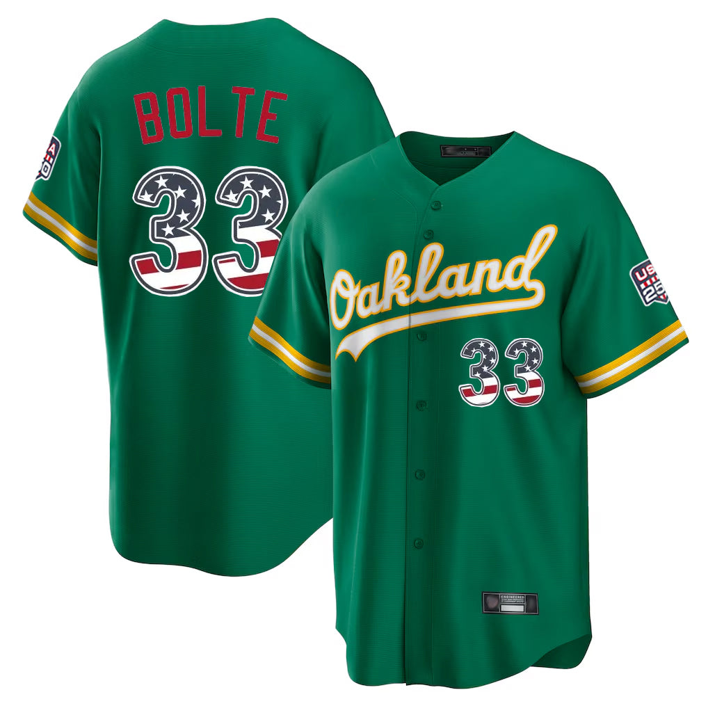 Oakland Athletics #33 Henry Bolte Player Kelly Green USA 250 Fourth of July Home Game Stitched Baseball Jersey - Main View