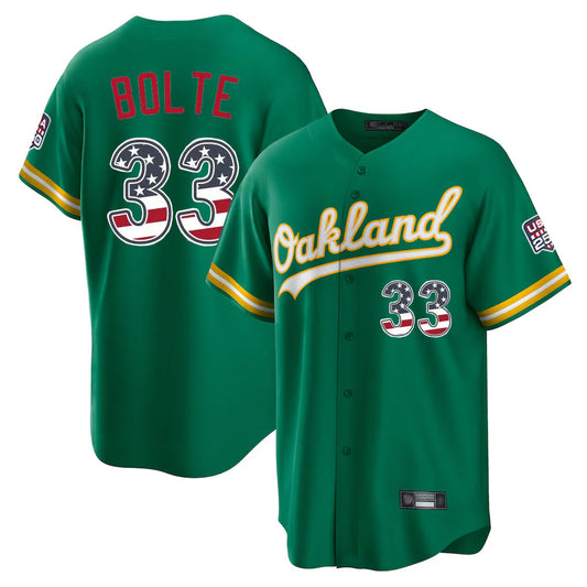 Oakland Athletics #33 Henry Bolte Player Kelly Green USA 250 Fourth of July Home Game Stitched Baseball Jersey - Main View