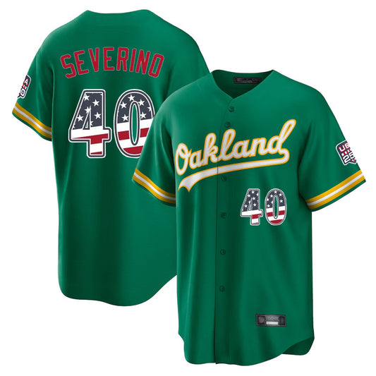 Oakland Athletics #40 Luis Severino Player Kelly Green USA 250 Fourth of July Home Game Stitched Baseball Jersey - Main View