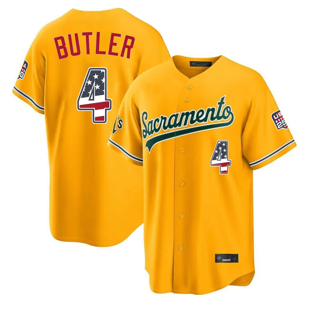 Oakland Athletics #4 Lawrence Butler Player Gold USA 250 Fourth of July Home Game Stitched Baseball Jersey - Main View