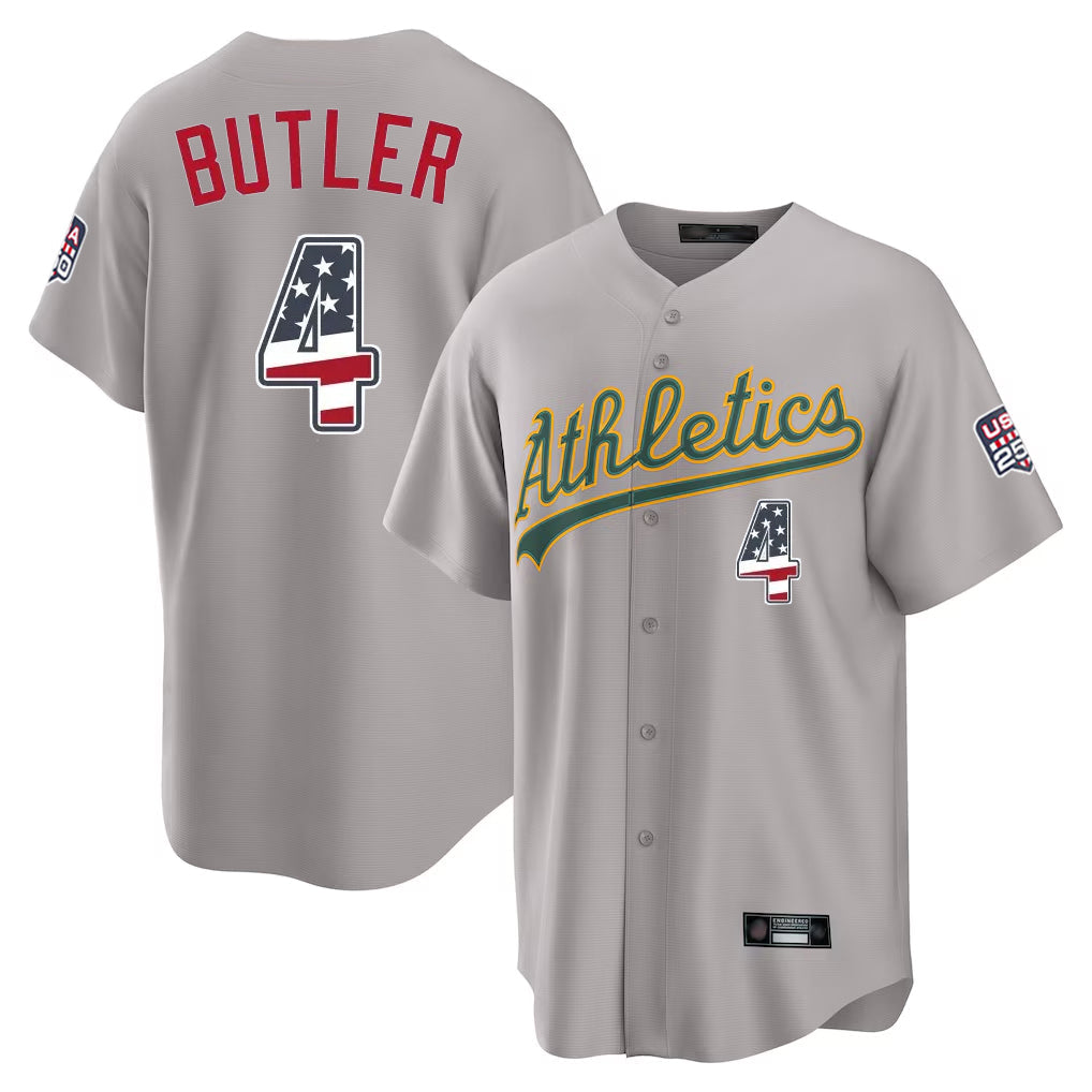 Oakland Athletics #4 Lawrence Butler Player Gray USA 250 Fourth of July Home Game Stitched Baseball Jersey - Main View