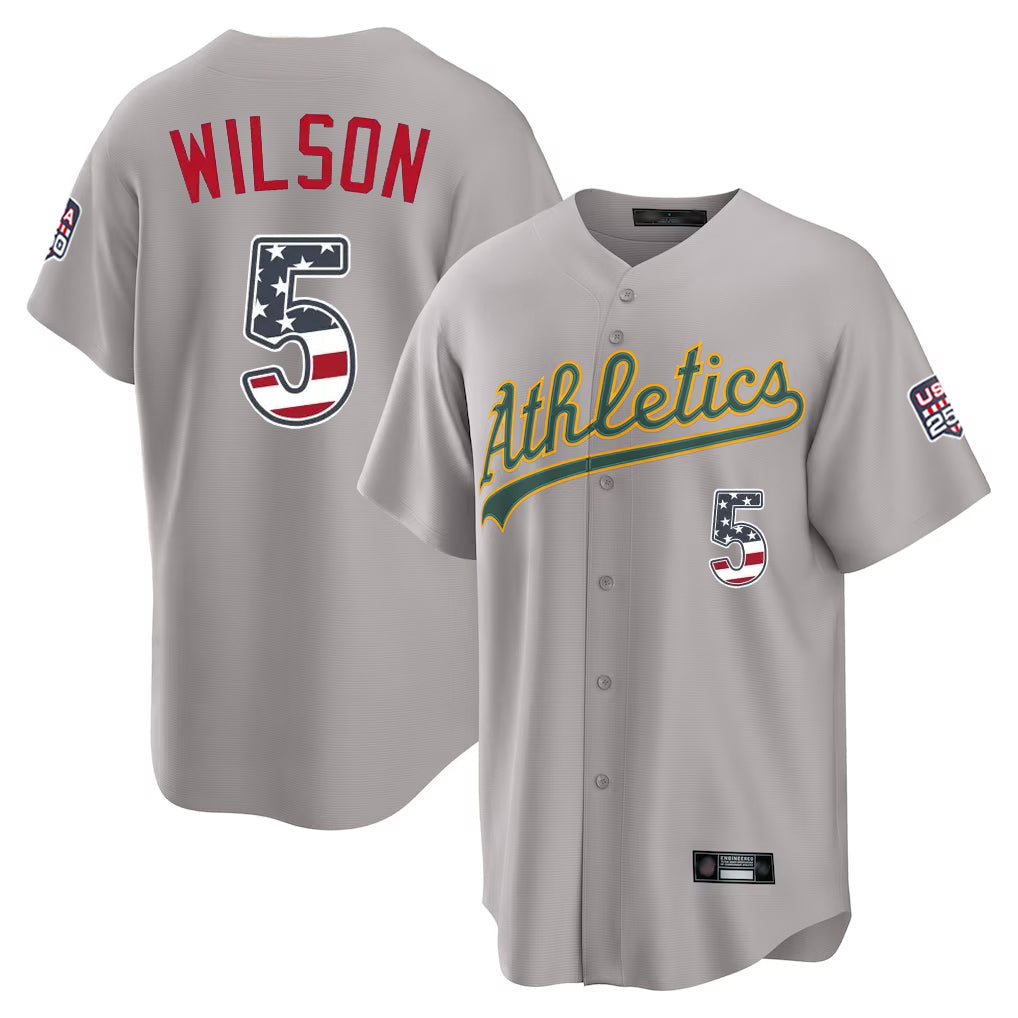 Oakland Athletics #5 Jacob Wilson Player Gray USA 250 Fourth of July Home Game Stitched Baseball Jersey - Main View