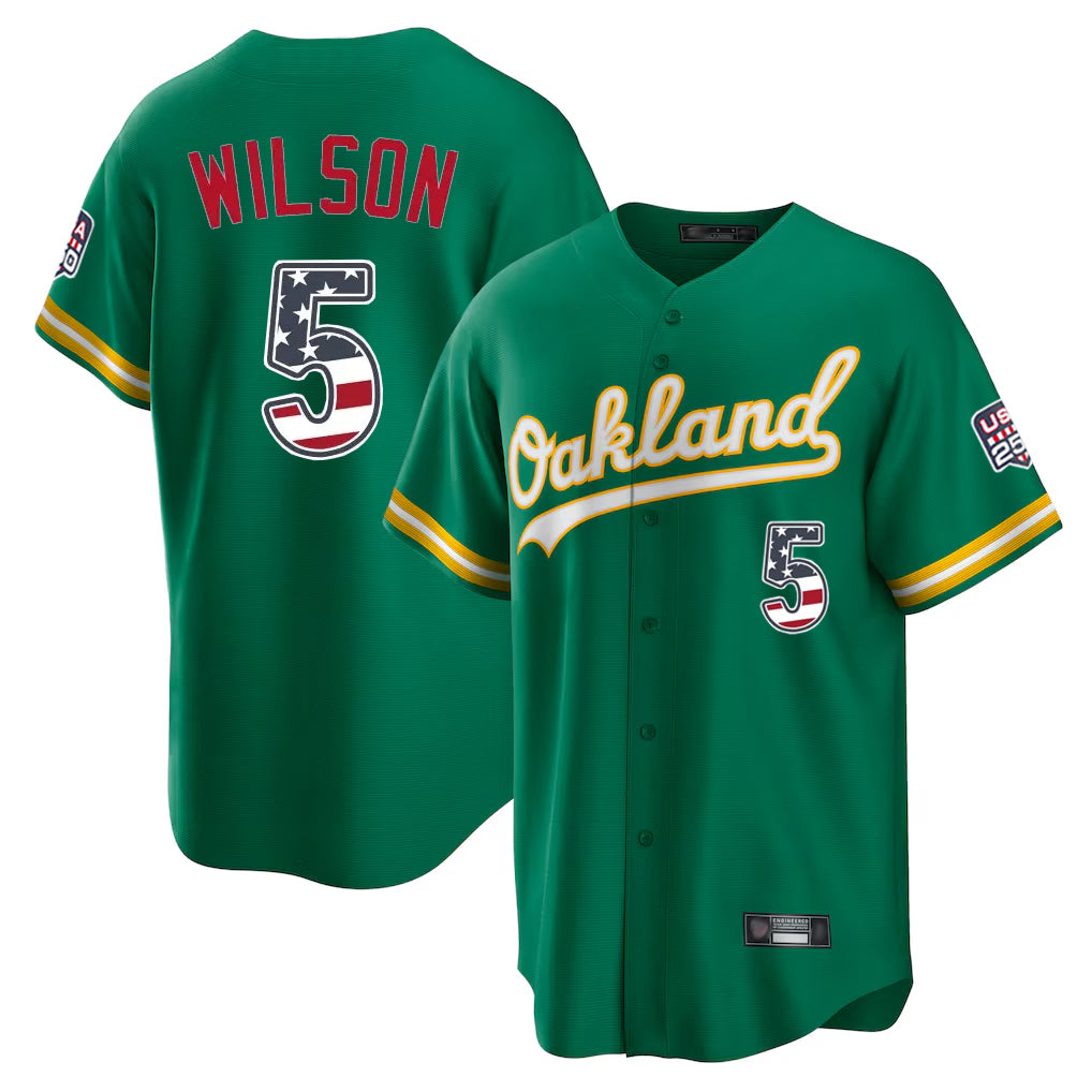 Oakland Athletics #5 Jacob Wilson Player Kelly Green USA 250 Fourth of July Home Game Stitched Baseball Jersey - Main View