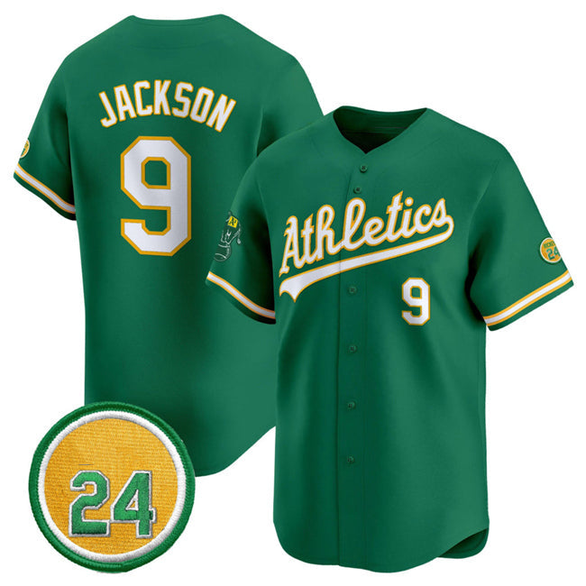 Oakland Athletics #9 Reggie Jackson Green 2024 Limited With Rickey Henderson Patch Stitched Baseball Jersey - Main View