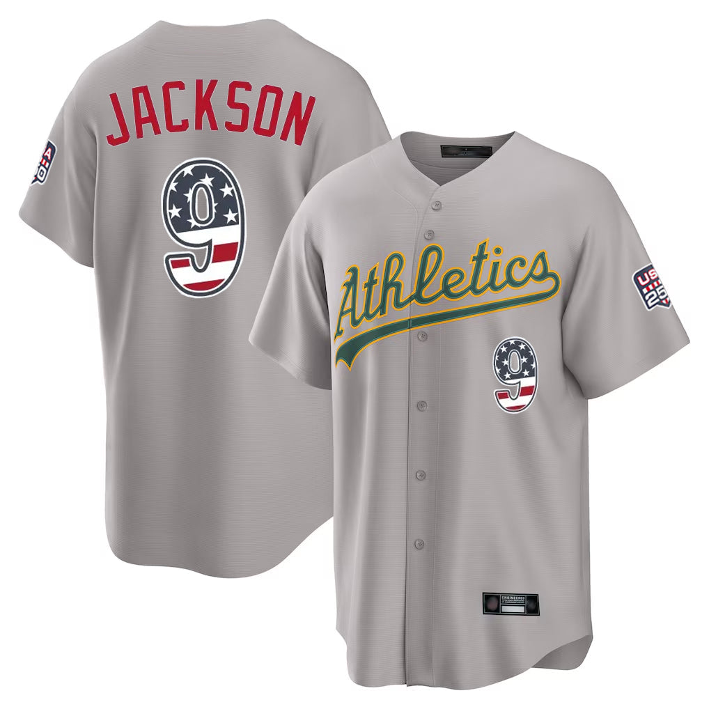 Oakland Athletics #9 Reggie Jackson Player Gray USA 250 Fourth of July Home Game Stitched Baseball Jersey - Main View